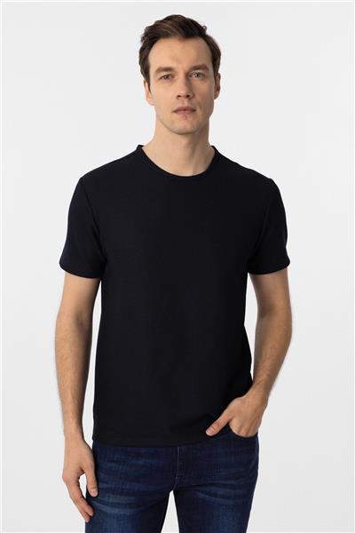 Lacivert Slim Fit Armürlü Bisiklet Yaka Tişört