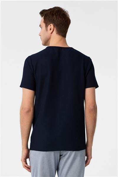 Lacivert Slim Fit Armürlü Bisiklet Yaka Tişört