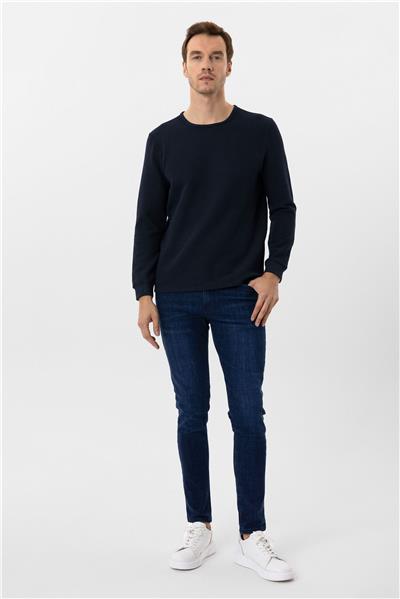 Lacivert Slim Fit Armürlü Bisiklet Yaka Triko Kazak