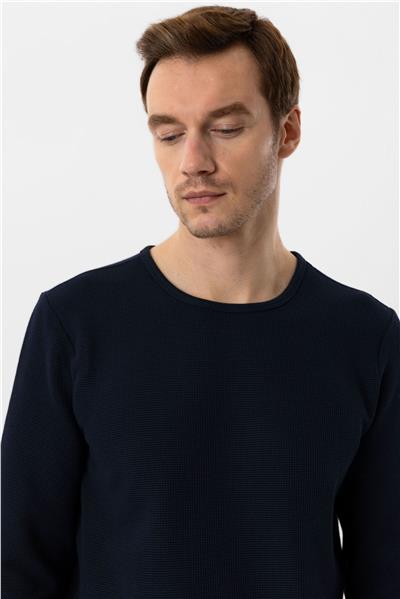 Lacivert Slim Fit Armürlü Bisiklet Yaka Triko Kazak