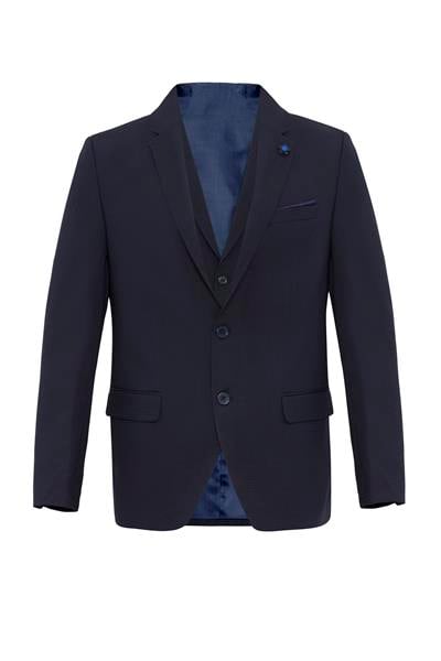 Lacivert Slim Fit Armürlü Sivri Yaka 6 Drop Yelekli Klasik Takım Elbise