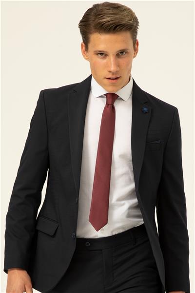 Lacivert Slim Fit Armürlü Sivri Yaka 6 Drop Takım Elbise