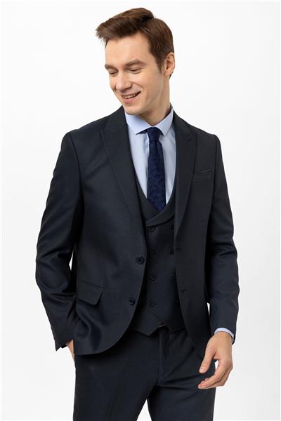 Lacivert Slim Fit Armürlü Sivri Yaka 6 Drop Yelekli Klasik Takım Elbise