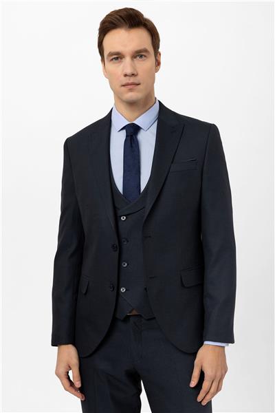 Lacivert Slim Fit Armürlü Sivri Yaka 6 Drop Yelekli Klasik Takım Elbise