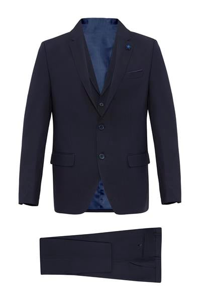 Lacivert Slim Fit Armürlü Sivri Yaka 6 Drop Yelekli Klasik Takım Elbise