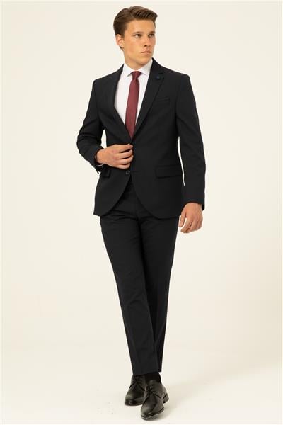 Lacivert Slim Fit Armürlü Sivri Yaka 6 Drop Takım Elbise