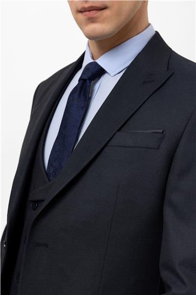 Lacivert Slim Fit Armürlü Sivri Yaka 6 Drop Yelekli Klasik Takım Elbise