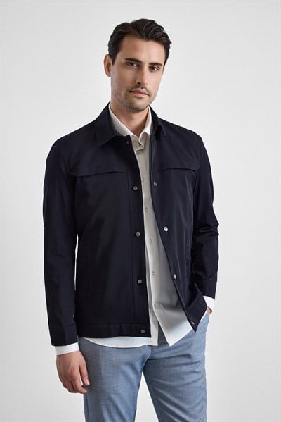 Lacivert Slim Bebe Yaka Düz Yan Cepli Çıtçıtlı Dolgusuz Standart Mont