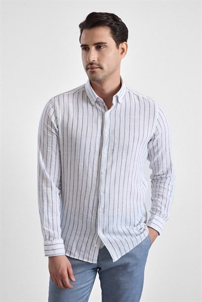 Lacivert Slim Çizgili Düğmeli Yaka Casual Gömlek