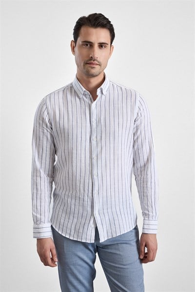 Lacivert Slim Çizgili Düğmeli Yaka Casual Gömlek