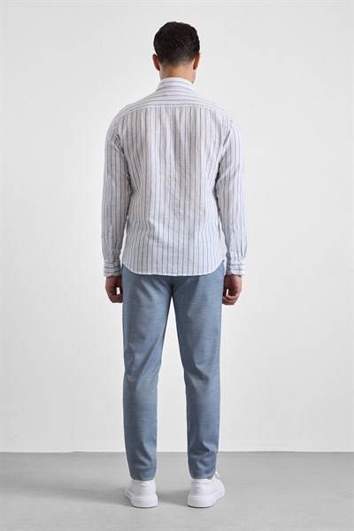 Lacivert Slim Çizgili Düğmeli Yaka Casual Gömlek