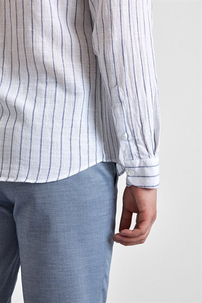 Lacivert Slim Çizgili Düğmeli Yaka Casual Gömlek