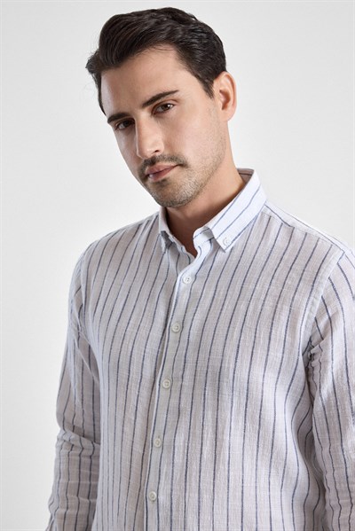 Lacivert Slim Çizgili Düğmeli Yaka Casual Gömlek