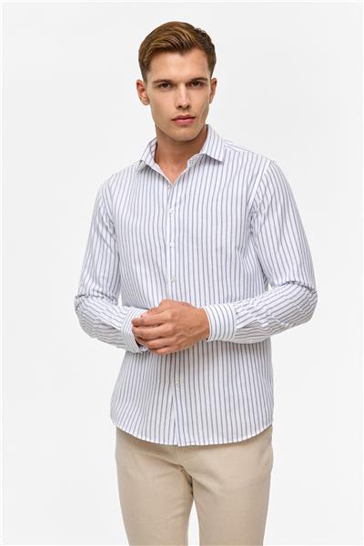 Lacivert Slim Çizgili Klasik Yaka Gömlek