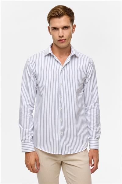 Lacivert Slim Çizgili Klasik Yaka Gömlek