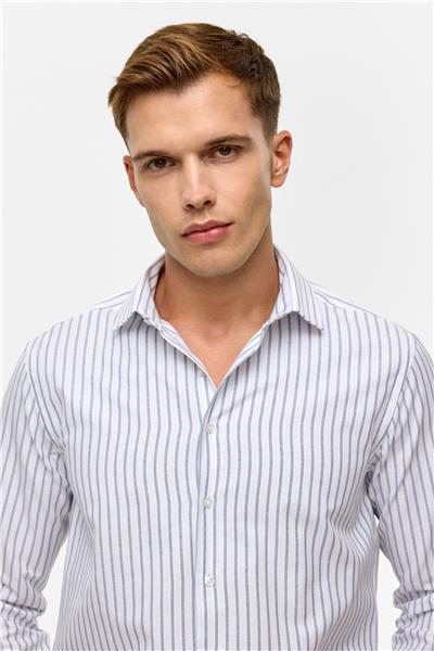 Lacivert Slim Çizgili Klasik Yaka Gömlek