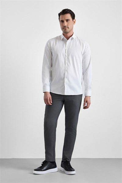 Lacivert Slim Çizgili Klasik Yaka Uzun Kollu Casual Gömlek