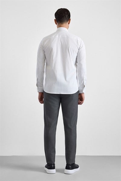 Lacivert Slim Çizgili Klasik Yaka Uzun Kollu Casual Gömlek