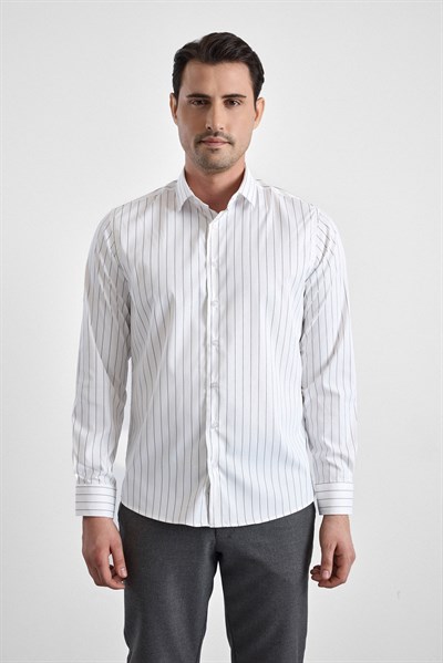 Lacivert Slim Çizgili Klasik Yaka Uzun Kollu Casual Gömlek