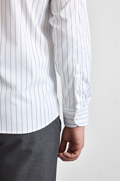 Lacivert Slim Çizgili Klasik Yaka Uzun Kollu Casual Gömlek