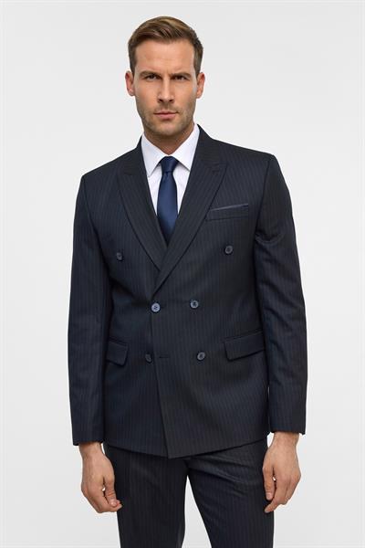 Lacivert Slim Çizgili Kruvaze Yaka 6 Drop Takım Elbise