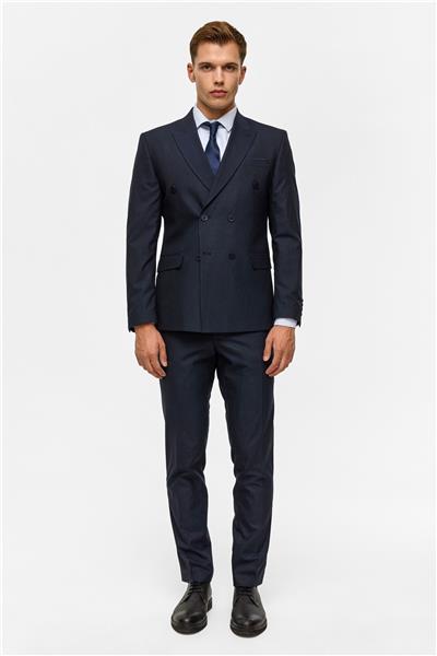 Lacivert Slim Çizgili Kruvaze Yaka 6 Drop Takım Elbise