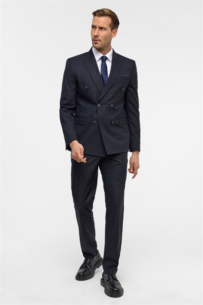 Lacivert Slim Çizgili Kruvaze Yaka 6 Drop Takım Elbise