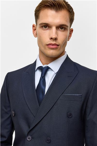 Lacivert Slim Çizgili Kruvaze Yaka 6 Drop Takım Elbise