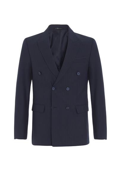 Lacivert Slim Çizgili Sivri Yaka 6 Drop Takım Elbise