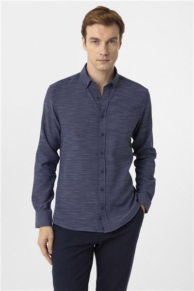 Lacivert Slim Fit Desenli Düğmeli Yaka Gömlek