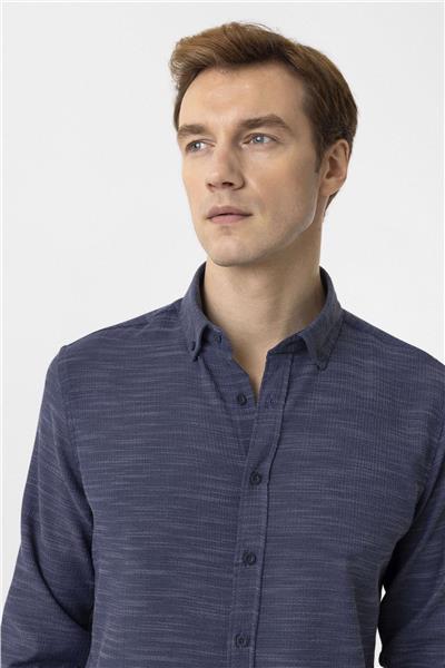 Lacivert Slim Fit Desenli Düğmeli Yaka Gömlek