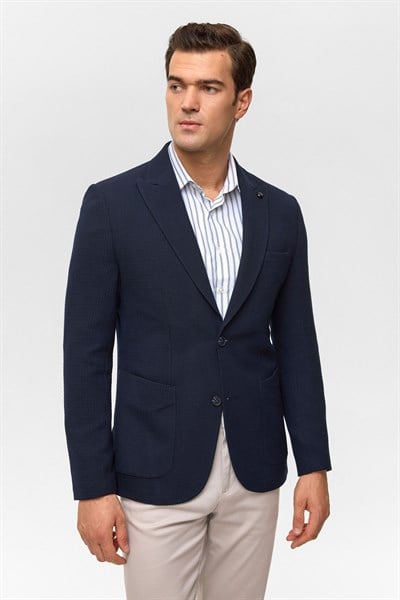 Lacivert Slim Desenli Mono Yaka 6 Drop Ceket