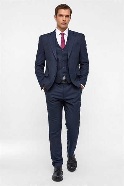 Lacivert Slim Desenli Mono Yaka 6 Drop Yelekli Takım Elbise