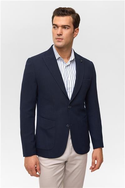 Lacivert Slim Desenli Mono Yaka 6 Drop Ceket