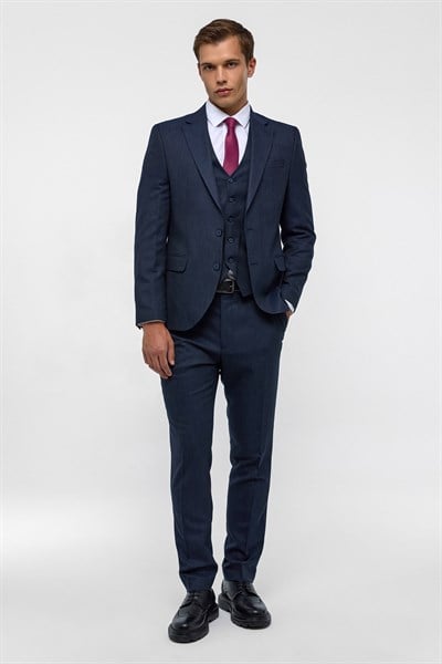 Lacivert Slim Desenli Mono Yaka 6 Drop Yelekli Takım Elbise