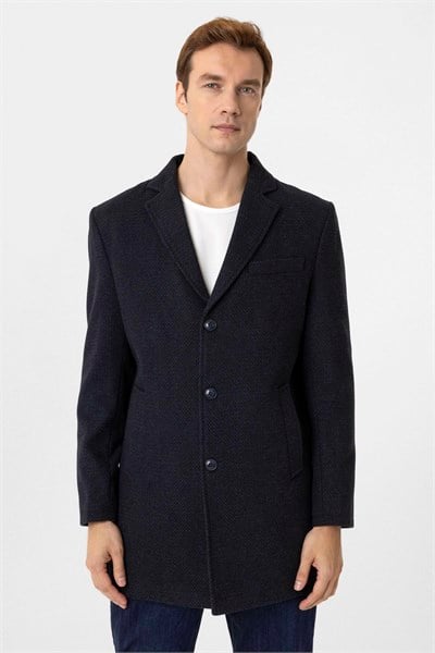 Lacivert Slim Desenli Mono Yaka Kaban