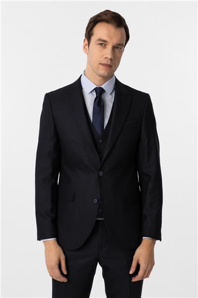 Lacivert Slim Fit Desenli Sivri Yaka 6 Drop Yelekli Klasik Takım Elbise