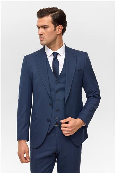 Lacivert Slim Desenli Sivri Yaka 6 Drop Yelekli Takım Elbise