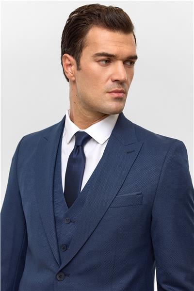 Lacivert Slim Desenli Sivri Yaka 6 Drop Yelekli Takım Elbise