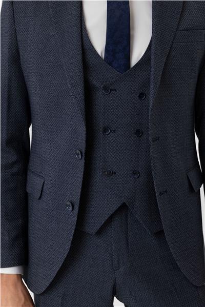 Lacivert Slim Fit Desenli Sivri Yaka 6 Drop Yelekli Klasik Takım Elbise