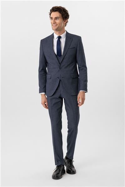 Lacivert Slim Fit Desenli Sivri Yaka 6 Drop Yelekli Klasik Takım Elbise