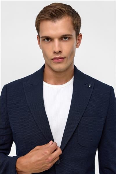 Lacivert Slim Desenli Sivri Yaka 6 Drop Ceket