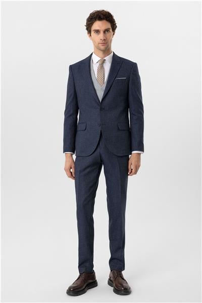 Lacivert Slim Fit Desenli Sivri Yaka 6 Drop Yelekli Klasik Takım Elbise