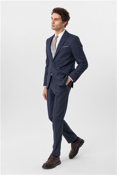 Lacivert Slim Fit Desenli Sivri Yaka 6 Drop Yelekli Klasik Takım Elbise