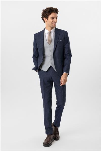 Lacivert Slim Fit Desenli Sivri Yaka 6 Drop Yelekli Klasik Takım Elbise