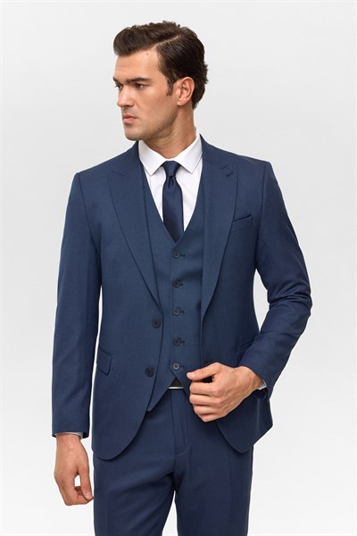 Lacivert Slim Desenli Sivri Yaka 6 Drop Yelekli Takım Elbise