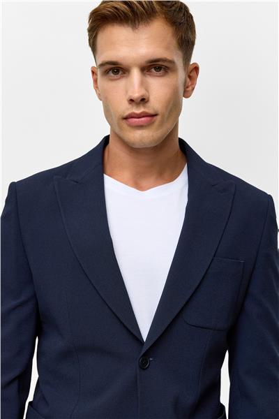 Lacivert Slim Desenli Sivri Yaka 6 Drop Takım Elbise