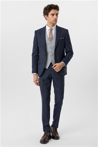 Lacivert Slim Fit Desenli Sivri Yaka 6 Drop Yelekli Klasik Takım Elbise