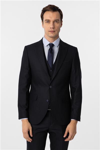 Lacivert Slim Fit Desenli Sivri Yaka 6 Drop Yelekli Klasik Takım Elbise