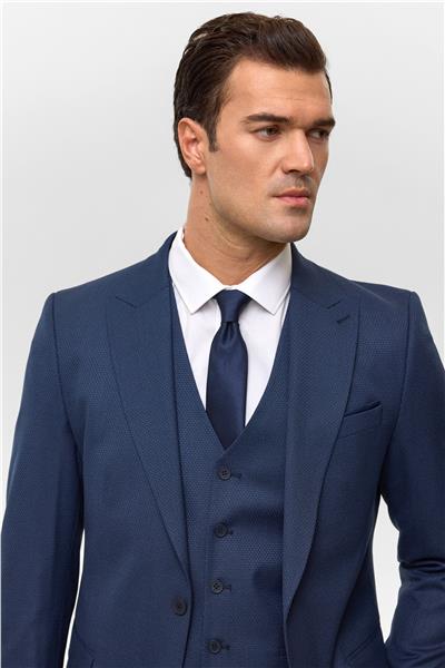 Lacivert Slim Desenli Sivri Yaka 6 Drop Yelekli Takım Elbise